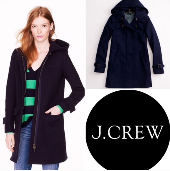 Jcrew Wool Coat Long Peacoat Hood Blue Navy Italian Stadium Cloth Nello Gori 2P - Picture 1 of 8